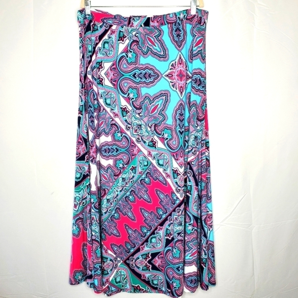 Chico's Paisley Scarf Print Maxi Skirt Size 3 US XL/16 Stretch Pull-on Floral